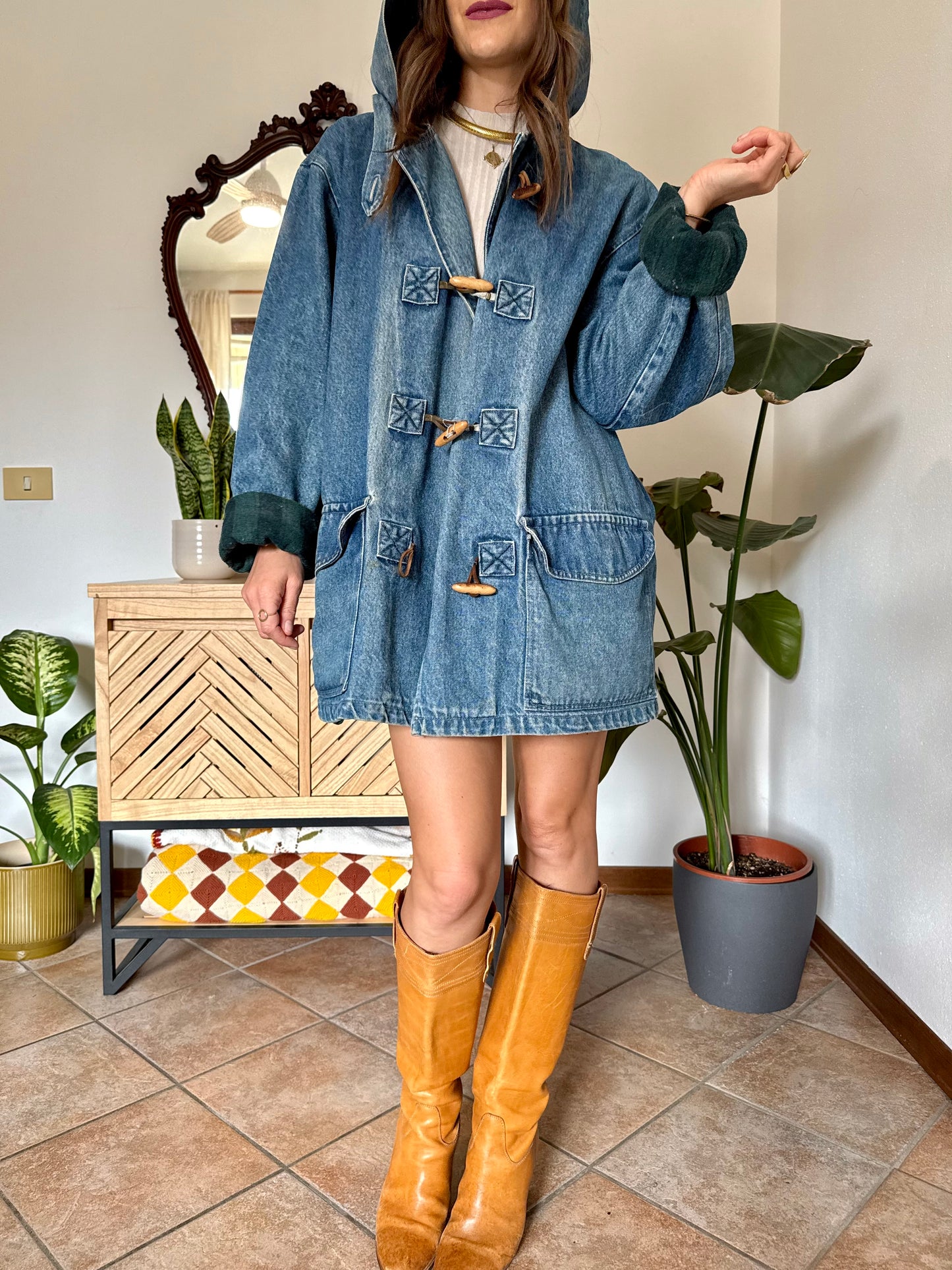1990’s vintage denim duffle coat with green and navy plaid lining
