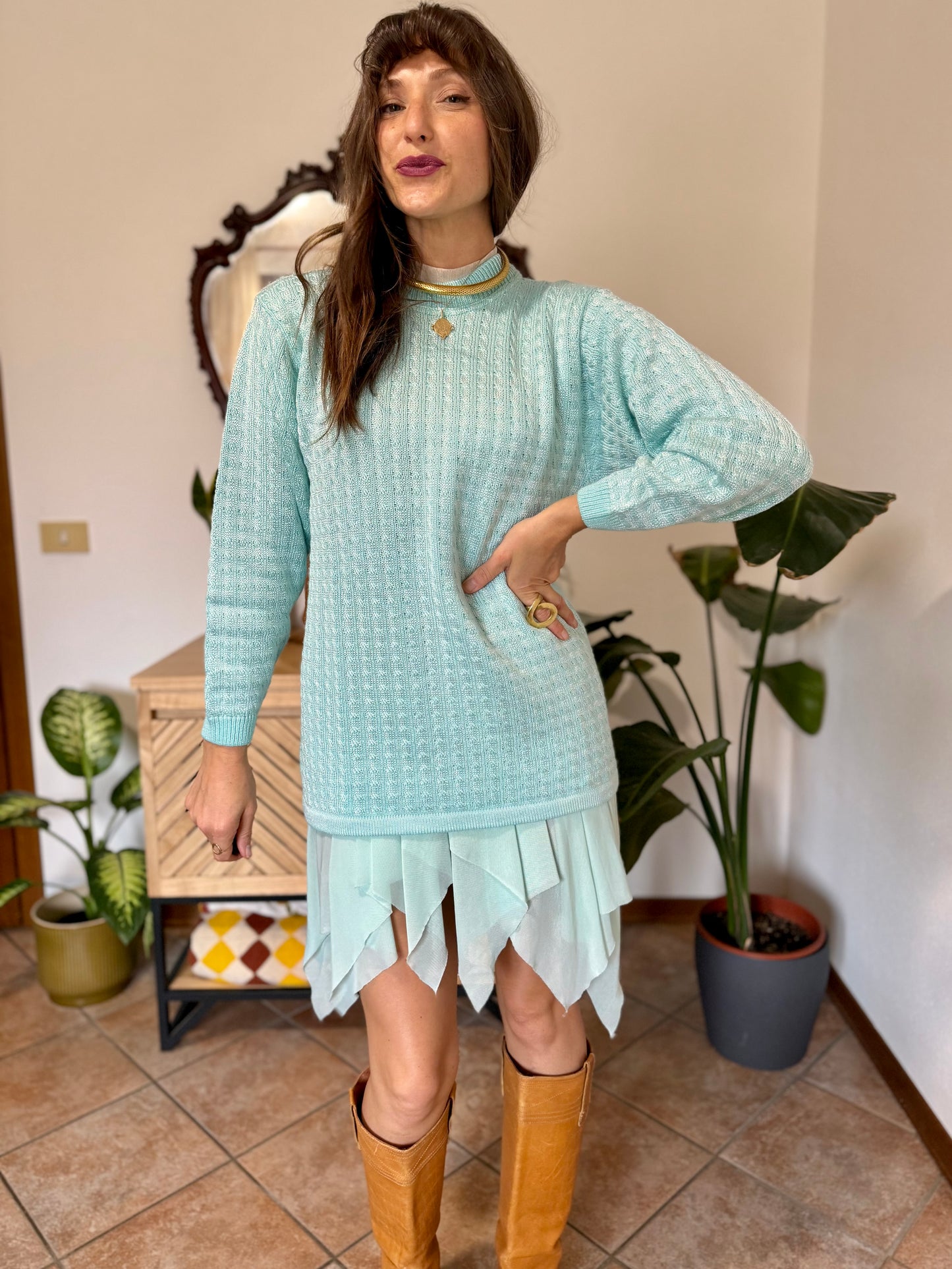 Y2k vintage light turquoise and silver wool blend  cable knit pullover