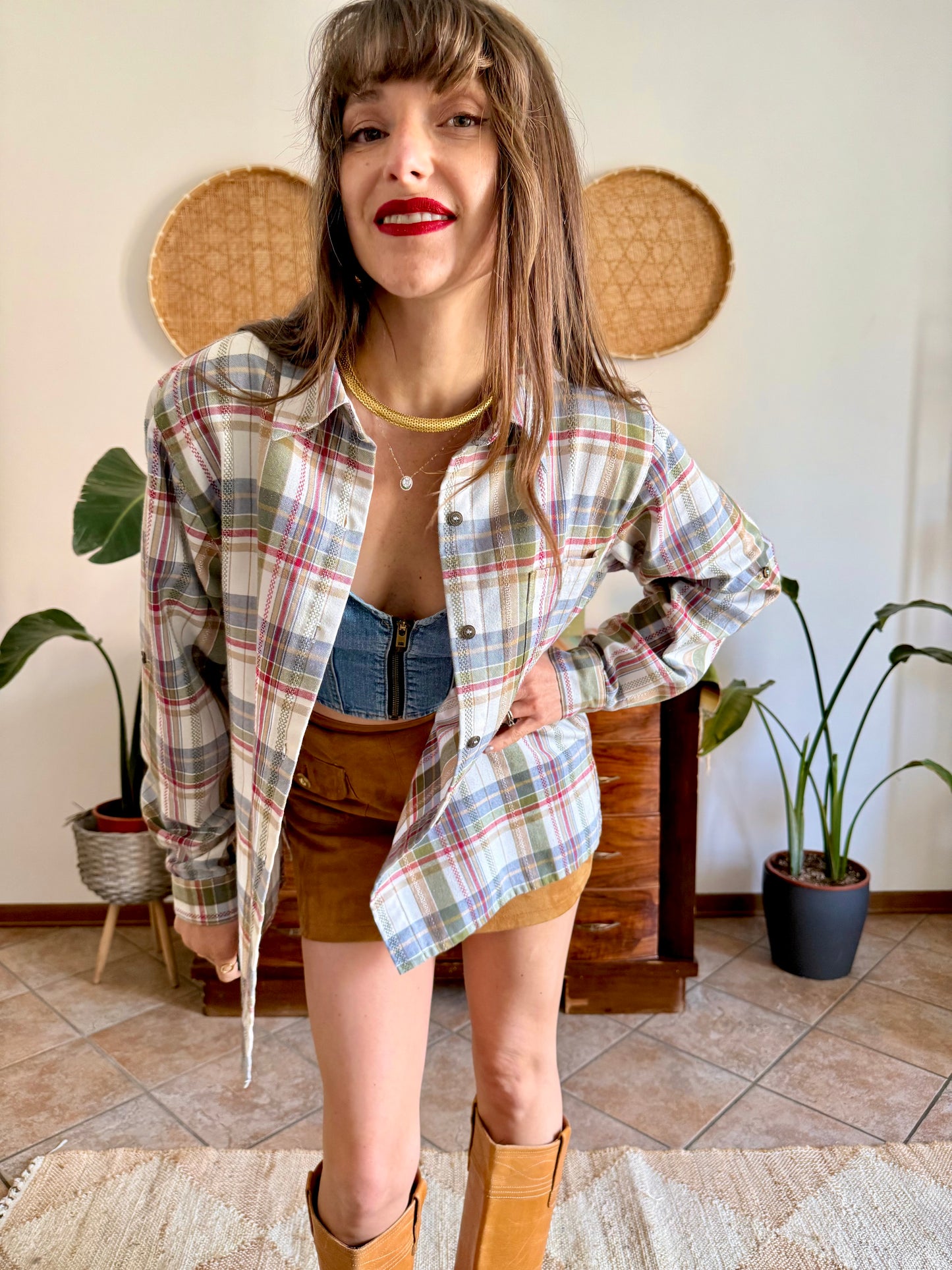 1970's vintage red, green and cream textured western style plaid button down shirt