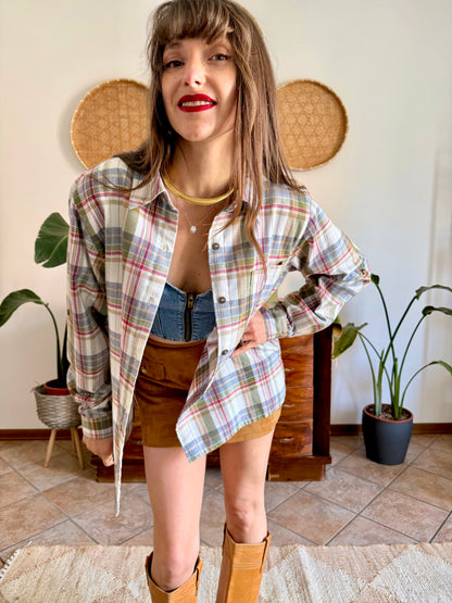 1970's vintage red, green and cream textured western style plaid button down shirt
