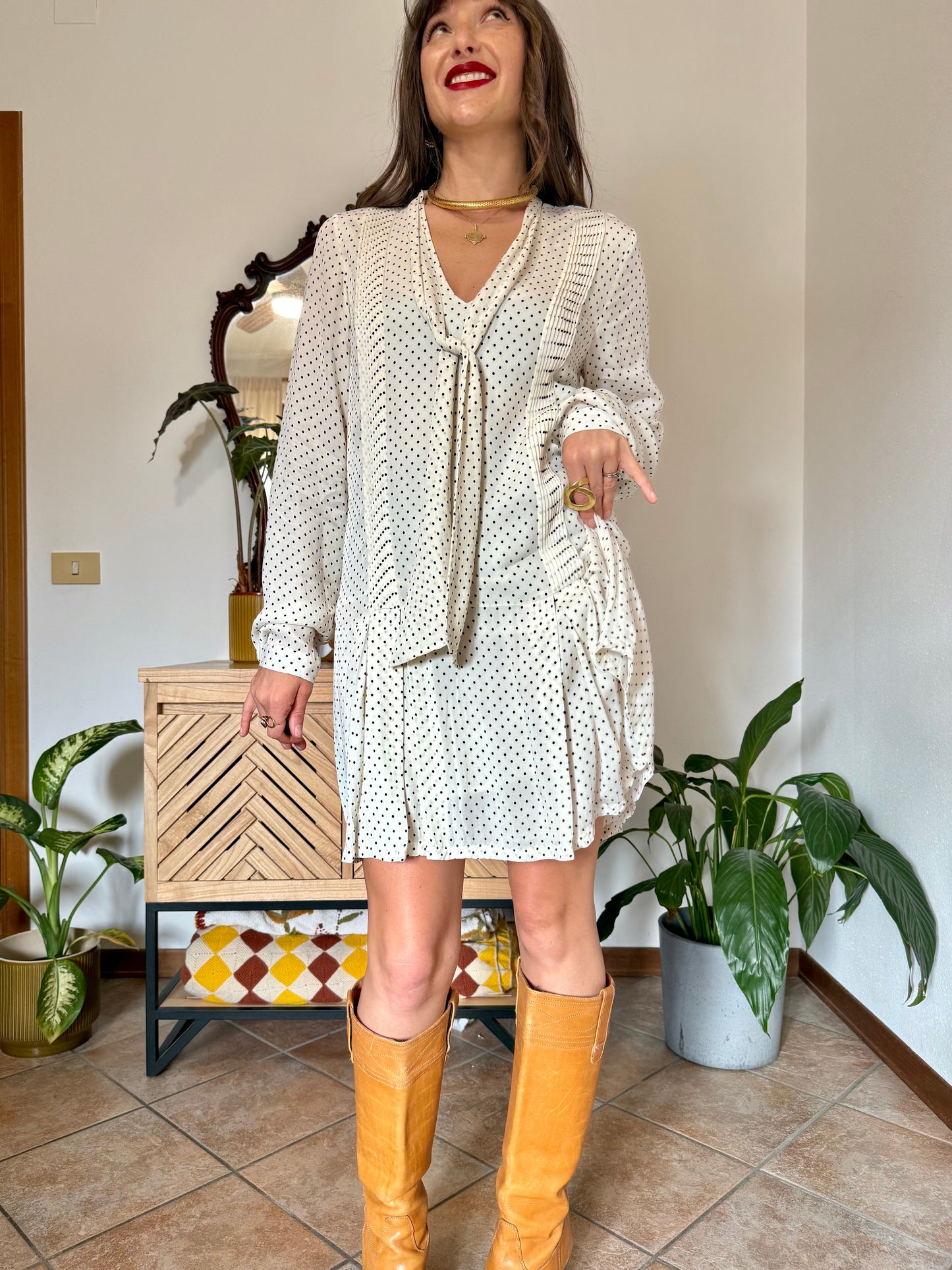 1990’s vintage cream pleated mini dress with black polkadots and bow tie neck