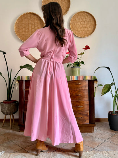 1970’s vintage pink maxi dress with bow tie collar
