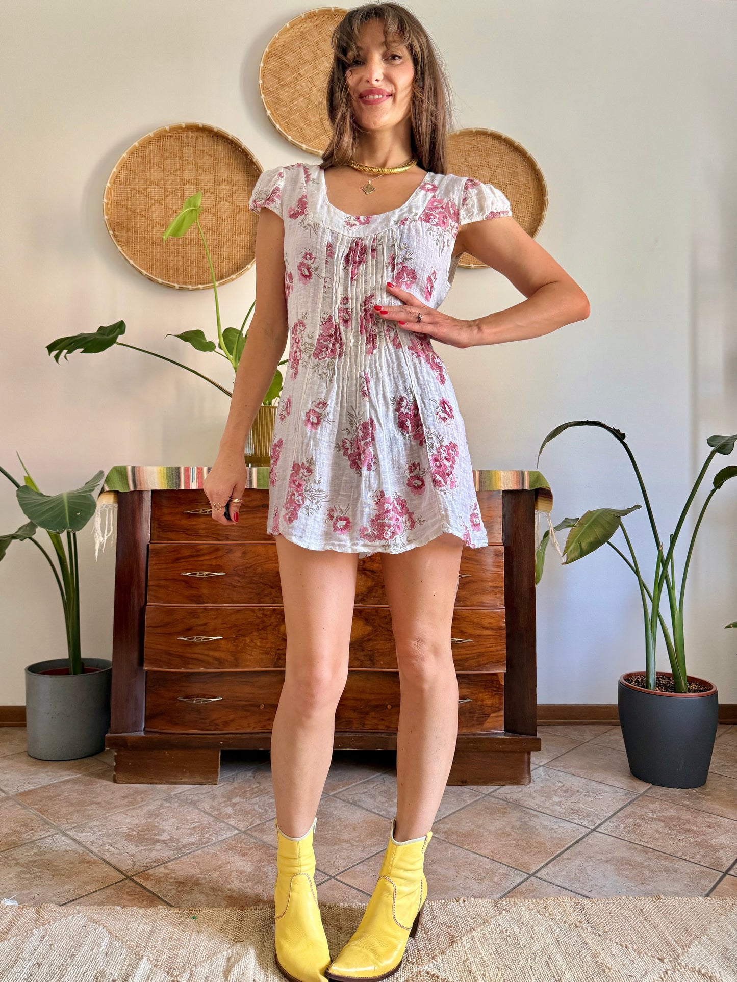 1990’s vintage white linen mini dress with floral print