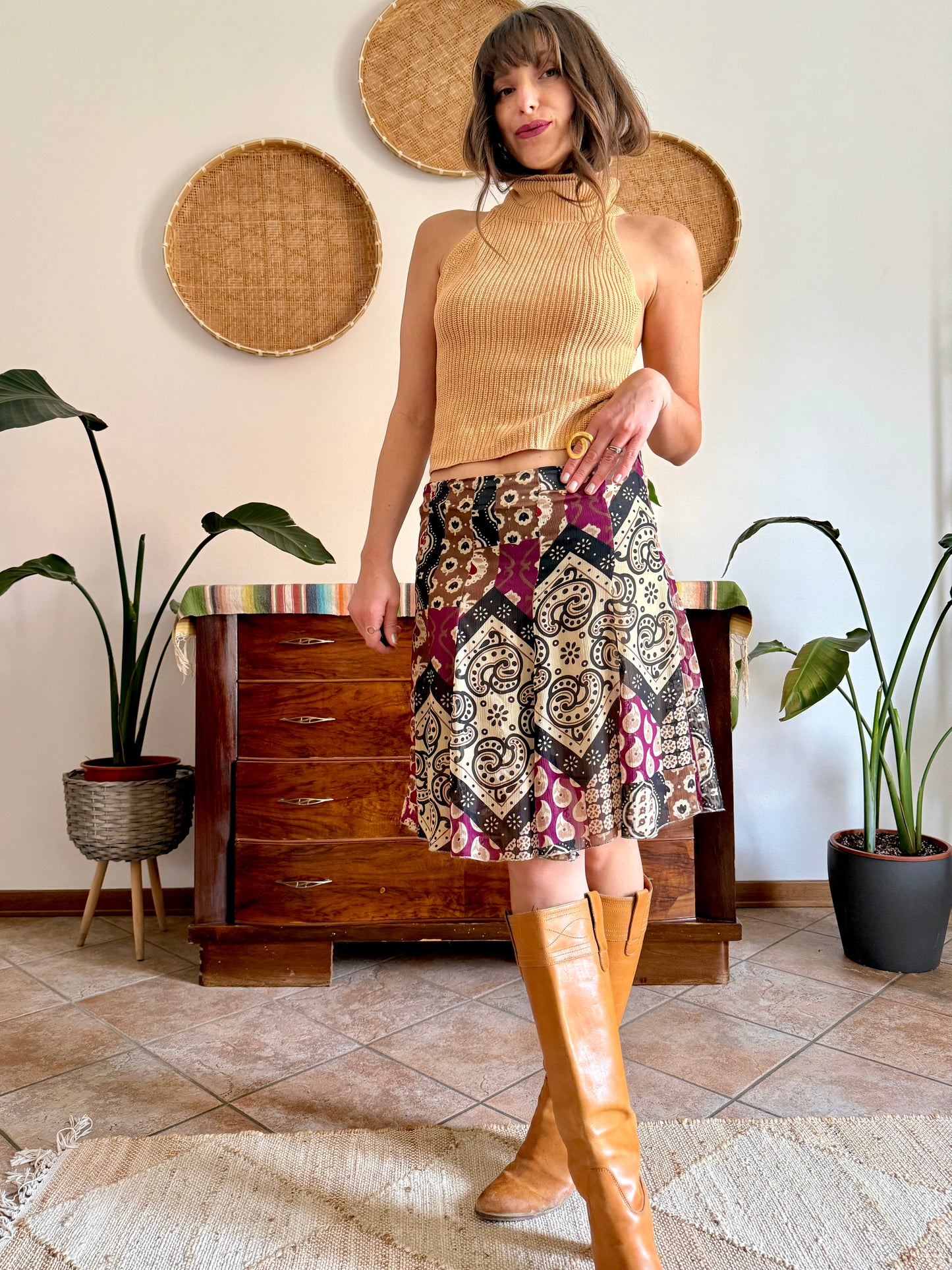 Y2K vintage burgundy, tan and black geometric print midi skirt