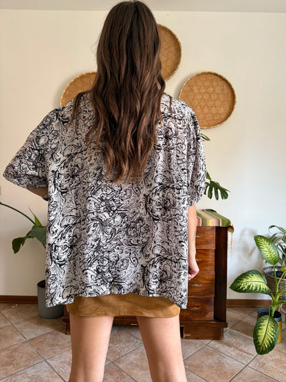 1970’s vintage black and light grey oversize paisley blouse