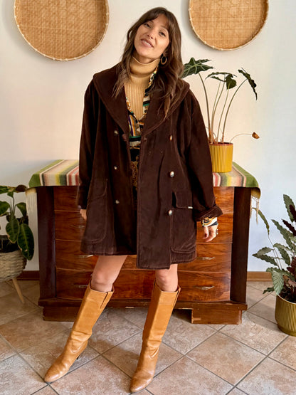 1970's vintage chocolate brown velvet peacoat