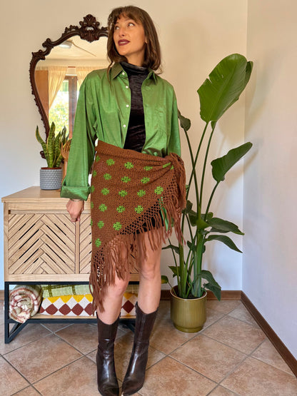 1970’s vintage chocolate brown and green knit shawl with fringe trim