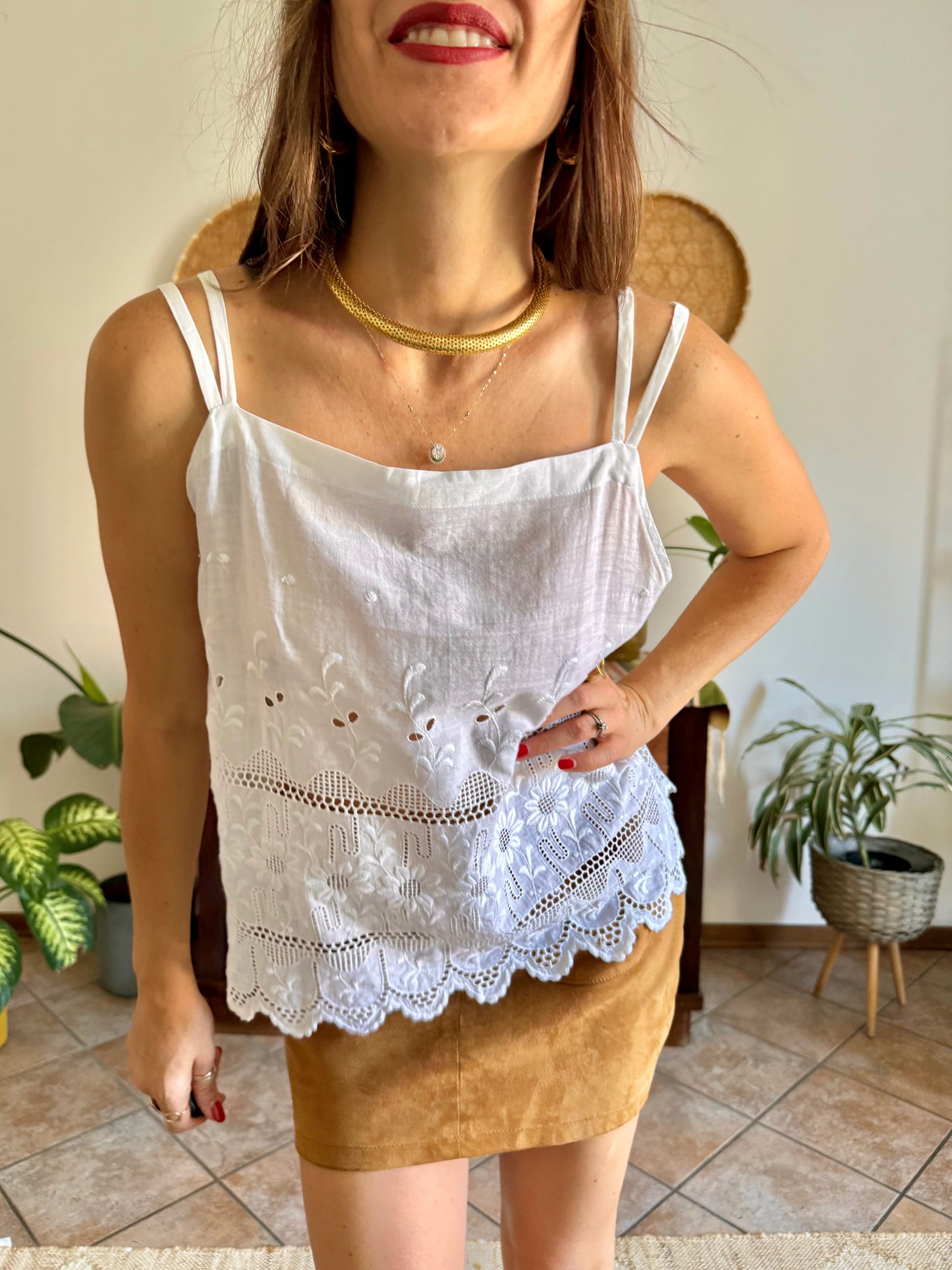 1970's vintage white crocheted and embroidered floral cotton top