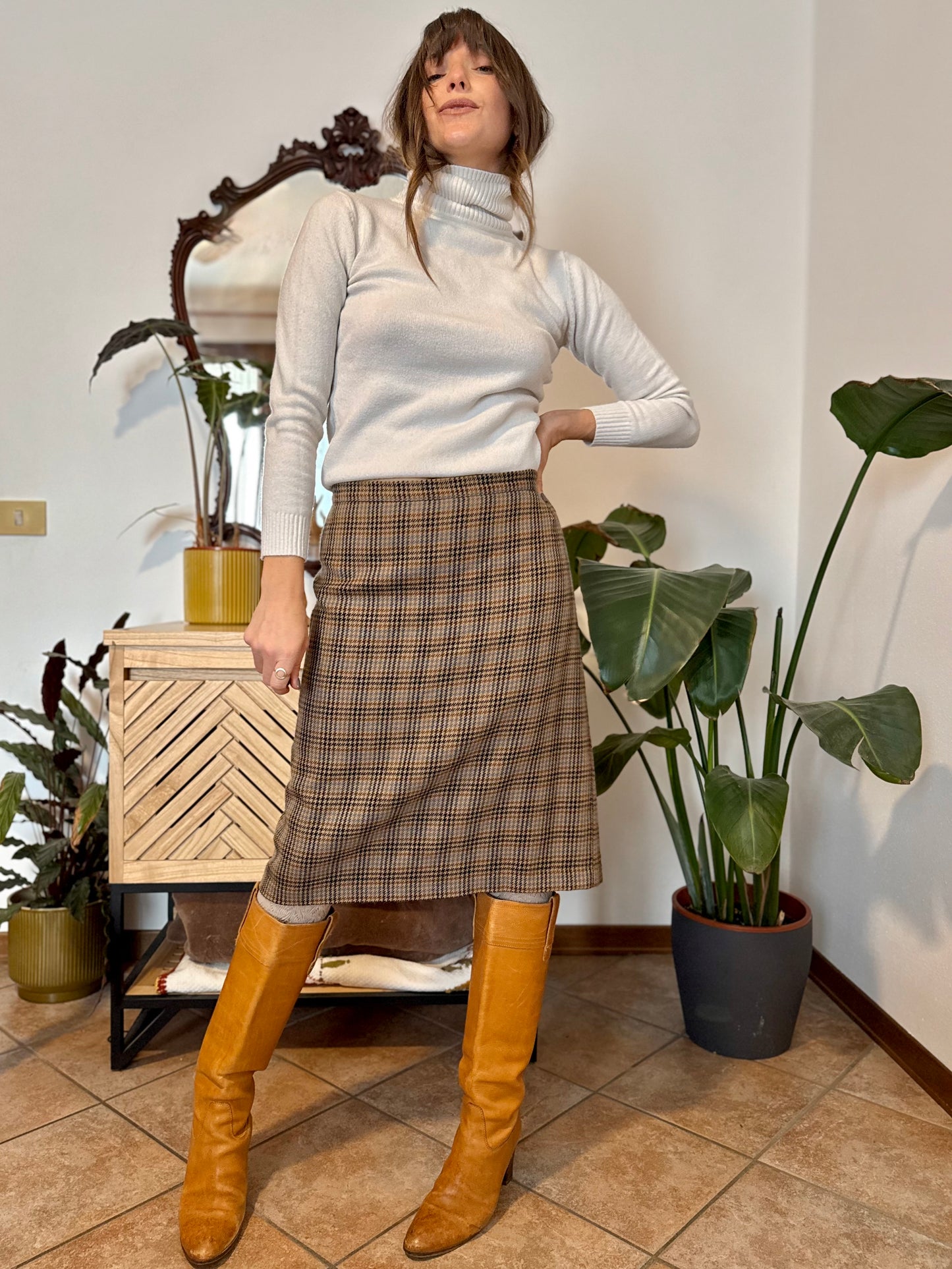 1970's vintage chocolate brown, green and blue plaid wool midi skirt