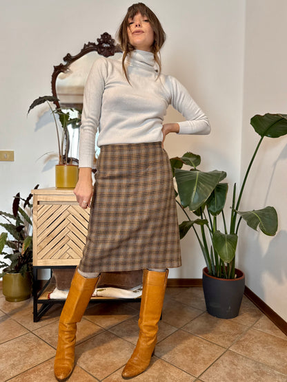 1970's vintage chocolate brown, green and blue plaid wool midi skirt