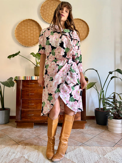 1960’s vintage pink, green and black silk floral print dress