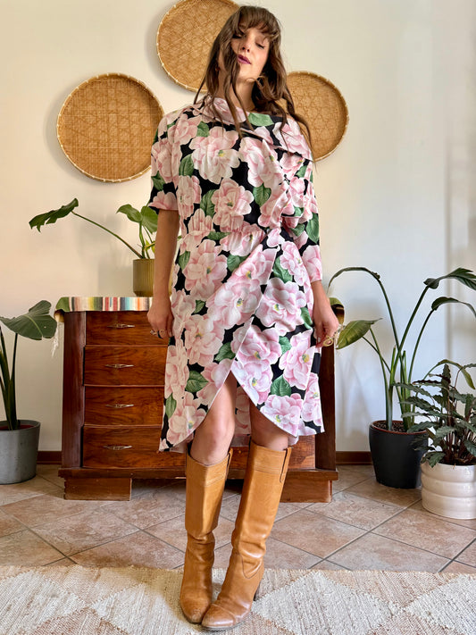 1960’s vintage pink, green and black silk floral print dress
