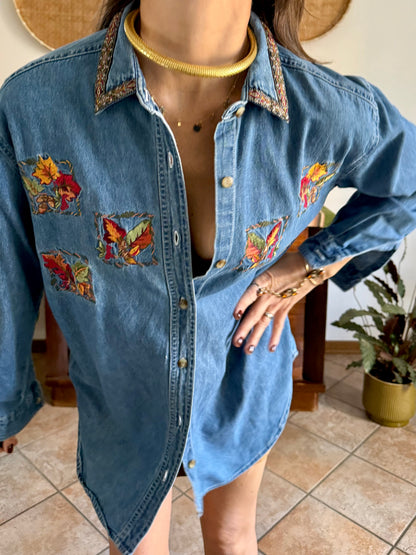 1990's vintage denim shirt with red, yellow and green embroidered autumn leaves