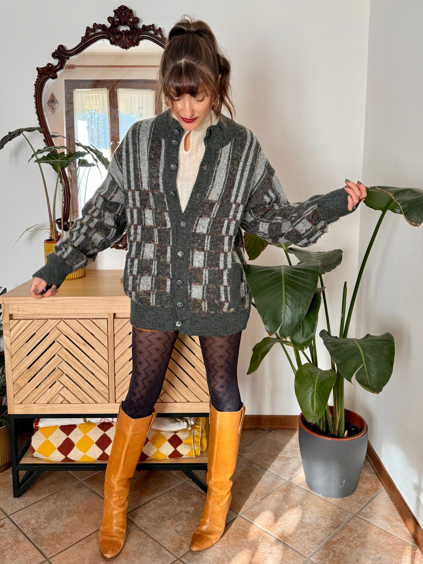 1970’s vintage grey cardigan with burgundy and yellow knit geometric pattern