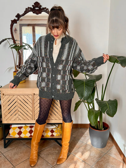 1970’s vintage grey cardigan with burgundy and yellow knit geometric pattern