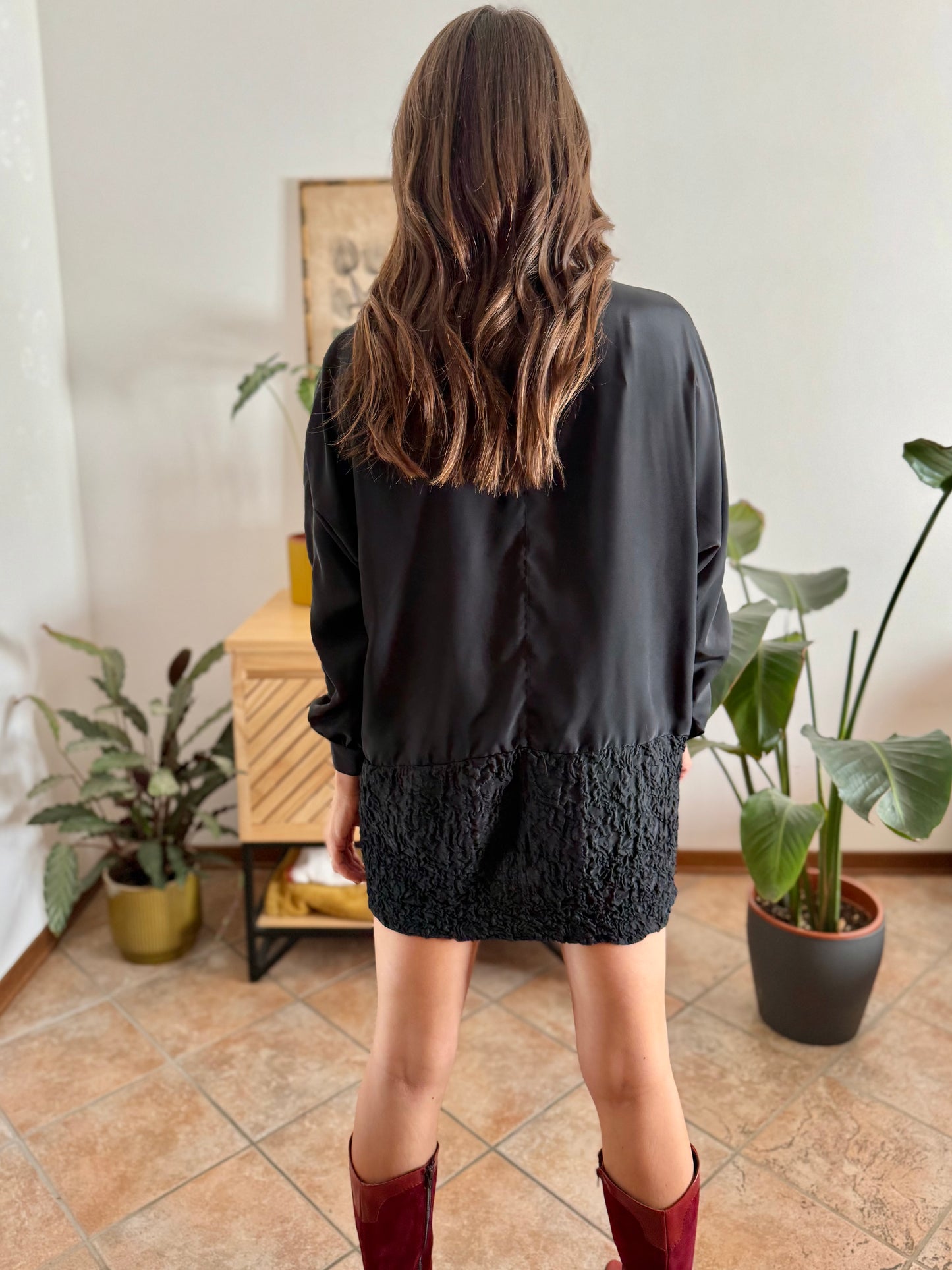 1960’s vintage rouched bottom black satin mini dress