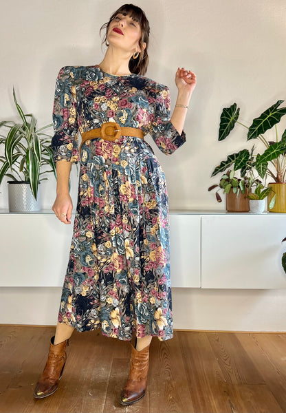 1970's vintage blue and rose coloured floral maxi dress