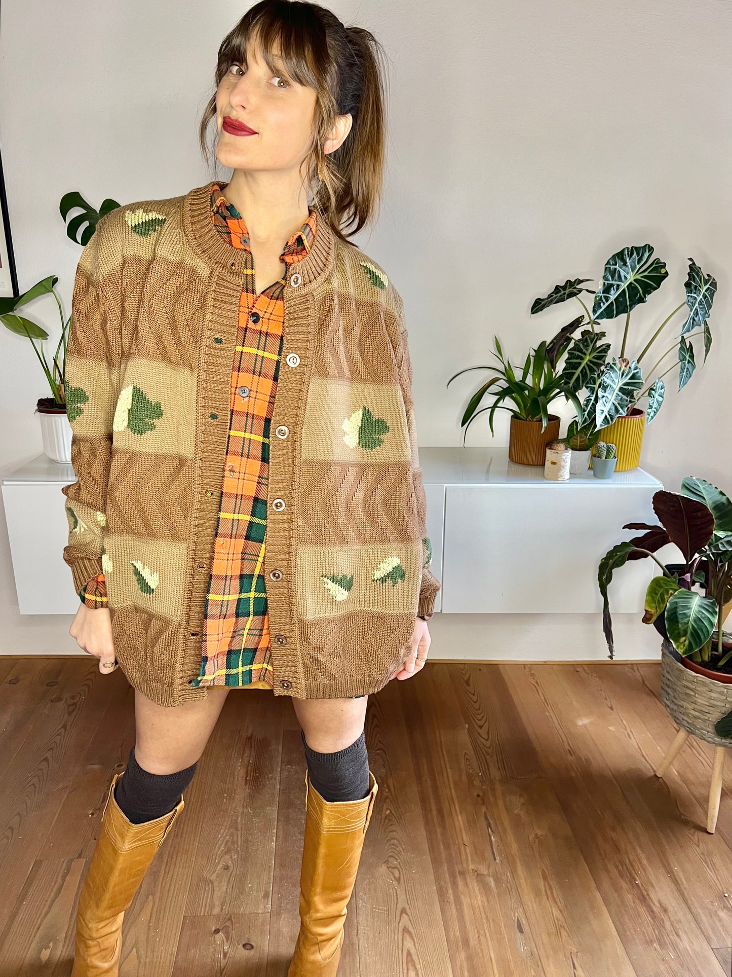 1970's vintage oversize tan trip knit cardigan with green leaf knit pattern