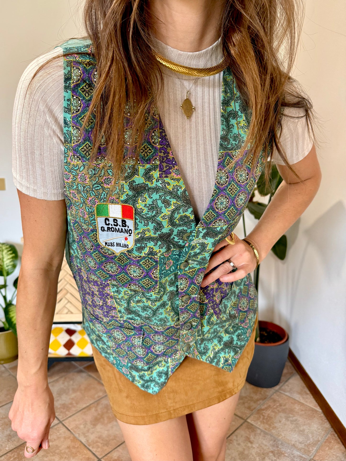 1970’s vintage turquoise, yellow and purple paisley vest