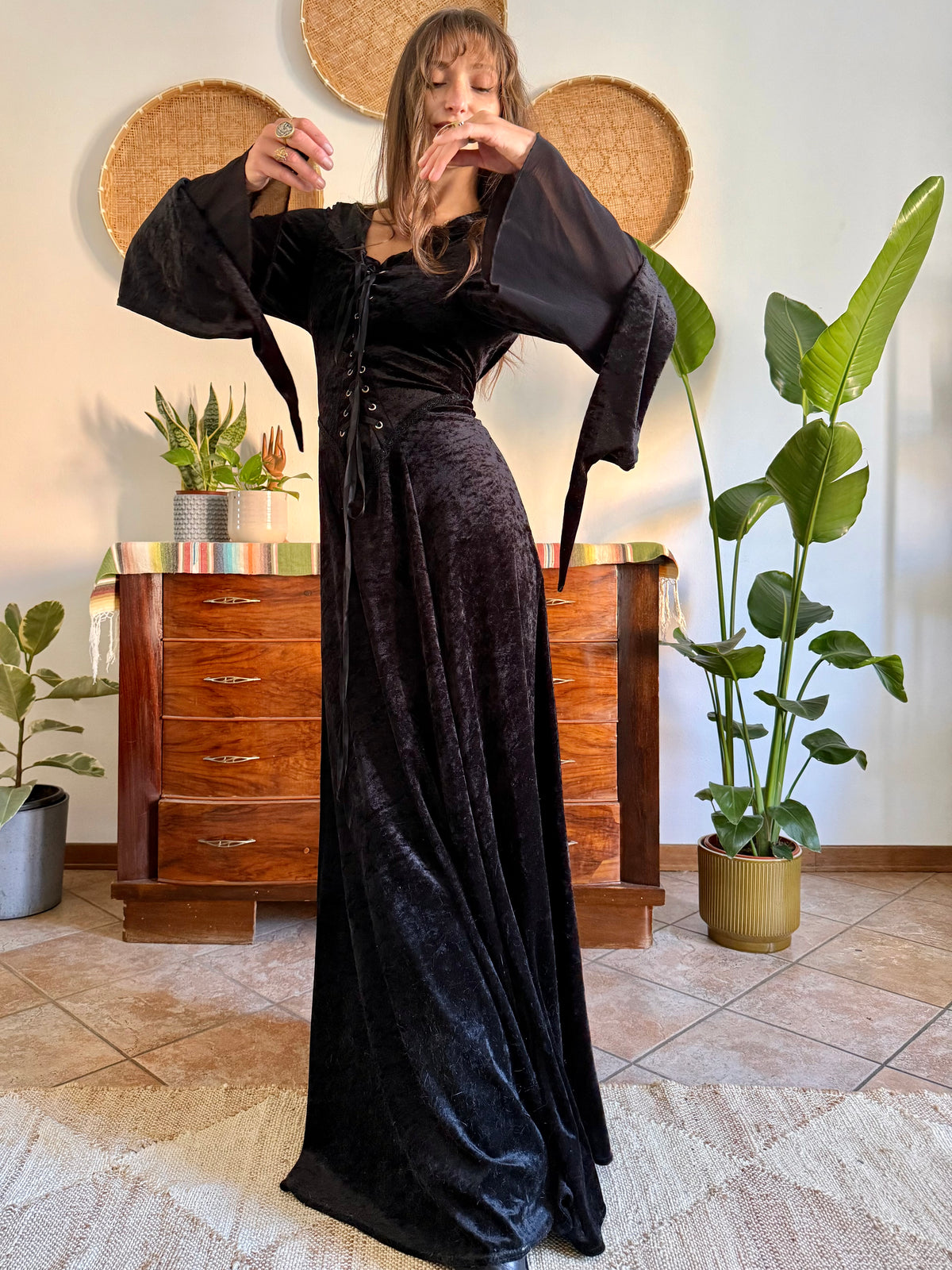 1990’s vintage black lace up bodice gothic velvet maxi dress with bell sleeves