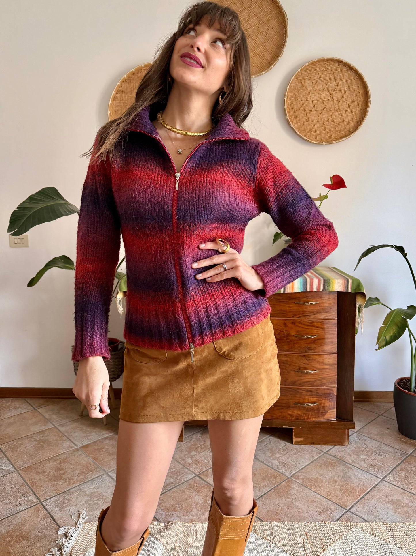 1990’s vintage purple and fucsia double zip mock neck wool cardigan