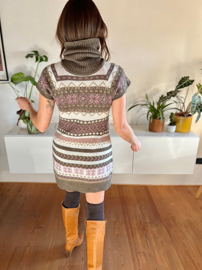 1990's vintage pink and brown geometric knit turtleneck mini dress