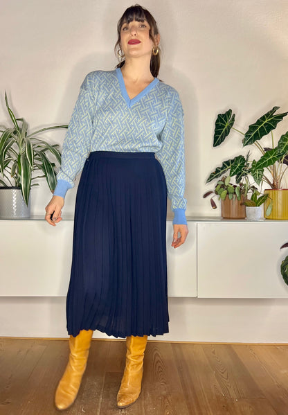 1970's vintage navy blue wool blend pleated midi skirt