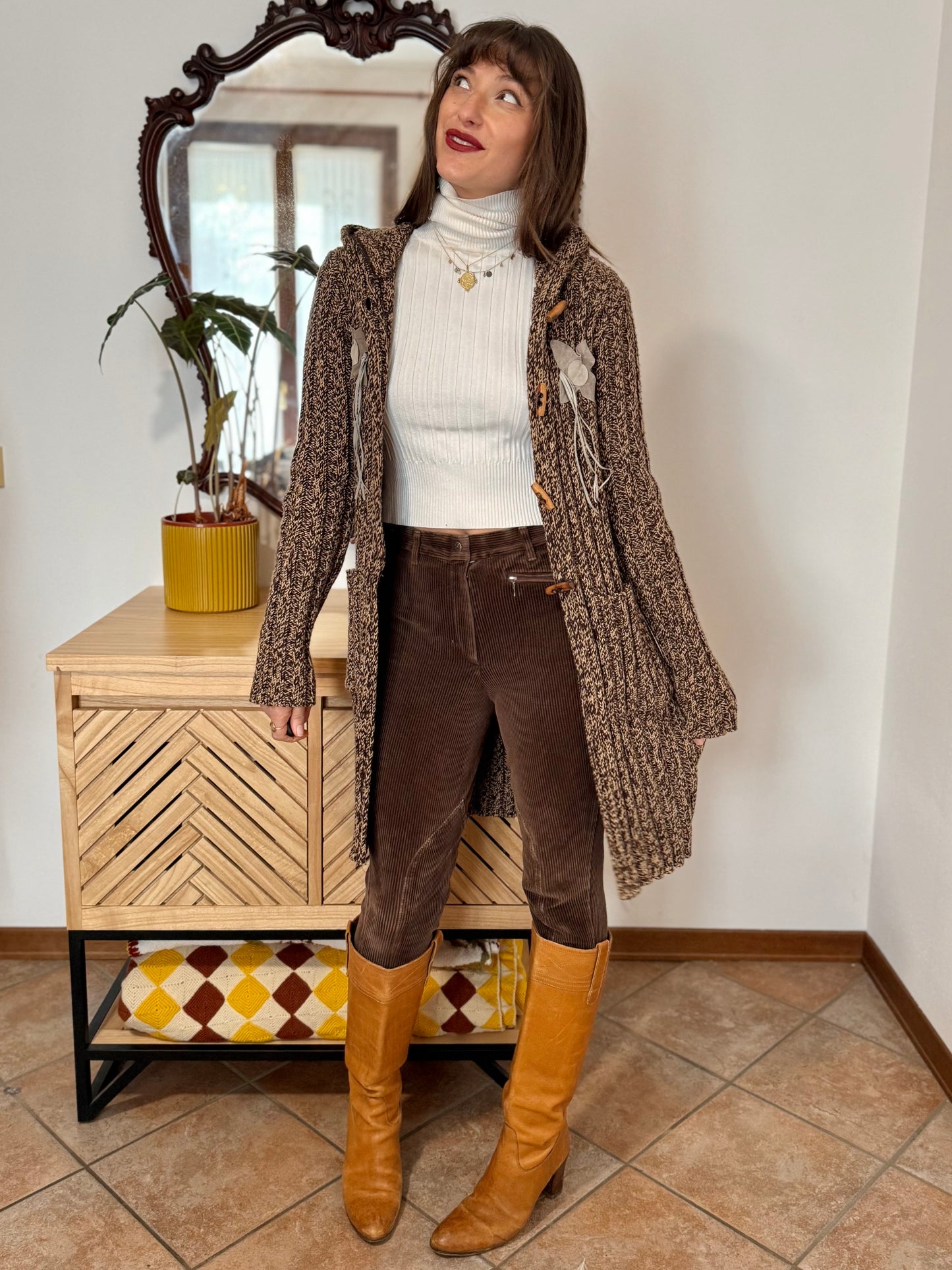 Y2K vintage chocolate brown and tan knit duster cardigan with suede flower details