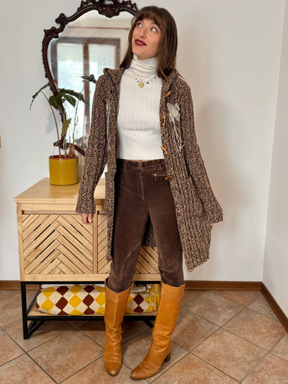 Y2K vintage chocolate brown and tan knit duster cardigan with suede flower details