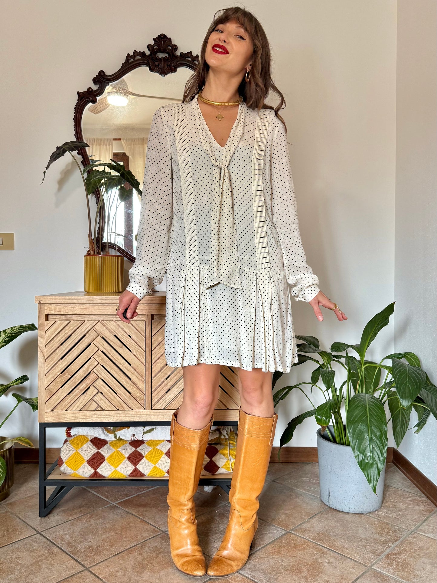 1990’s vintage cream pleated mini dress with black polkadots and bow tie neck