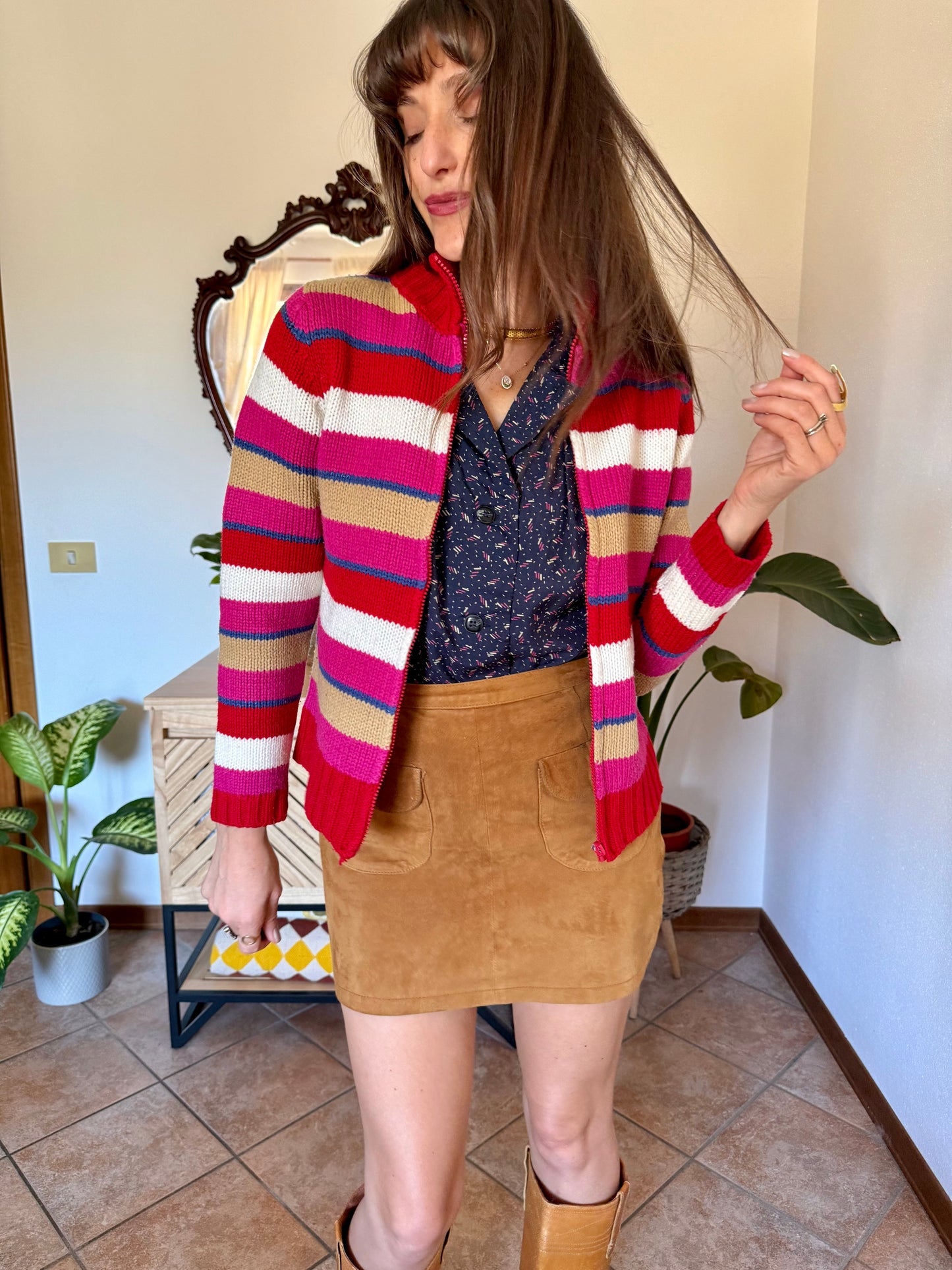 1990's vintage red, pink and blue stripe zip up wool knit cardigan