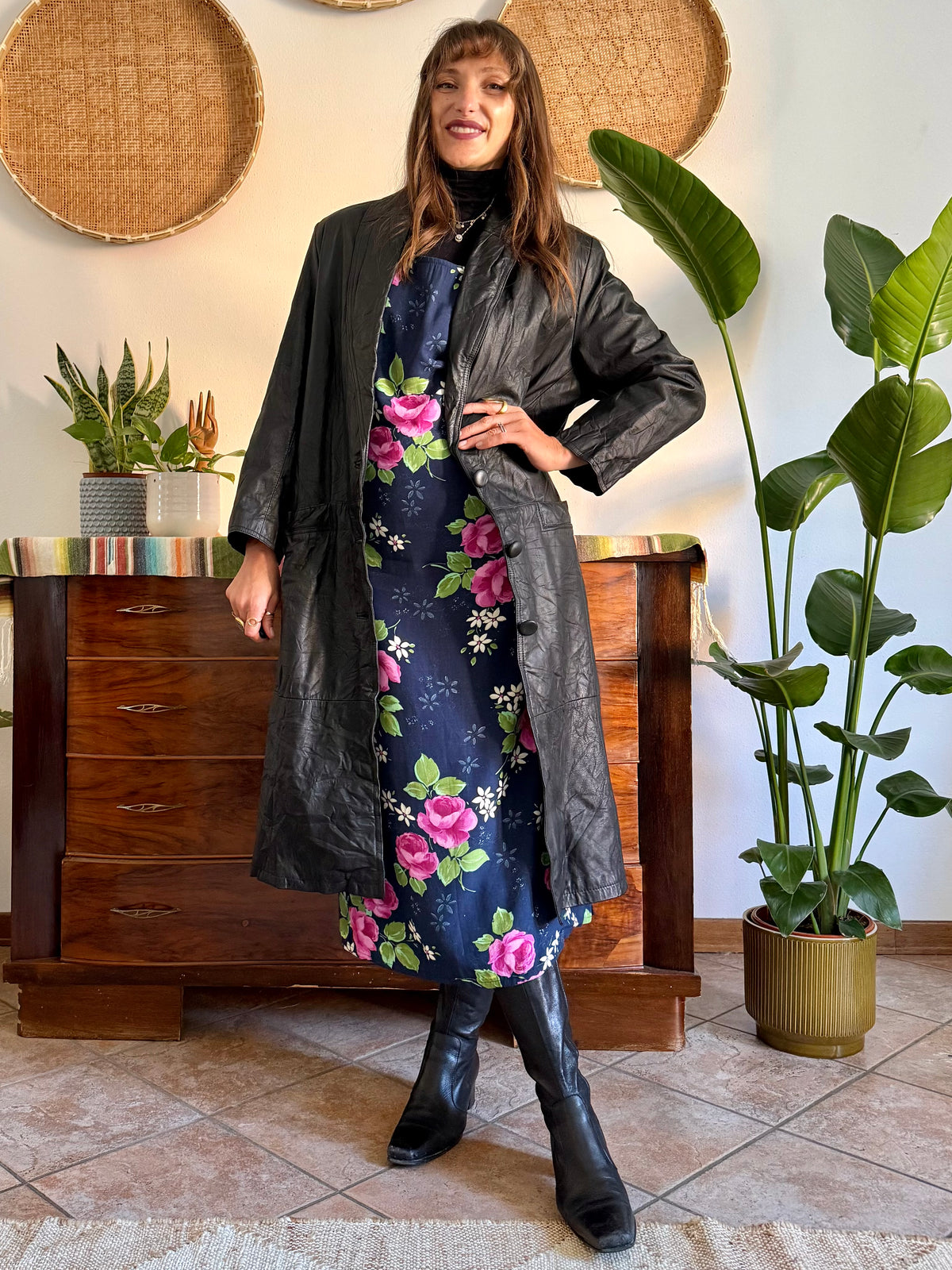 1990’s vintage butter soft black leather trench coat with lapel detail