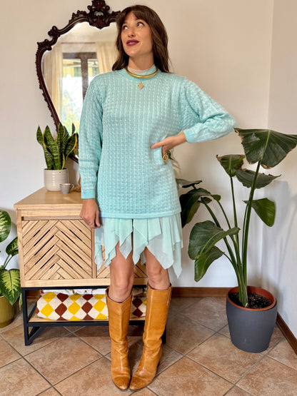 Y2k vintage light turquoise and silver wool blend  cable knit pullover