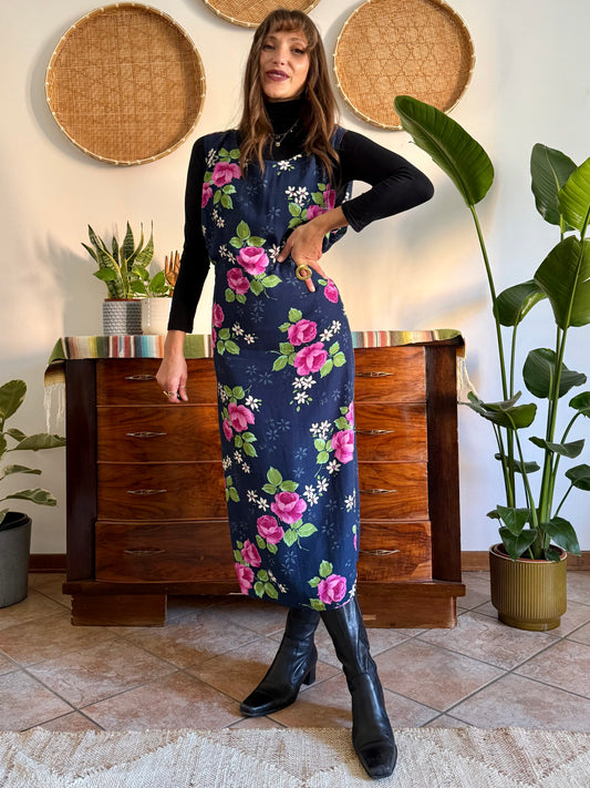 1990’s vintage navy blue and pink floral maxi dress