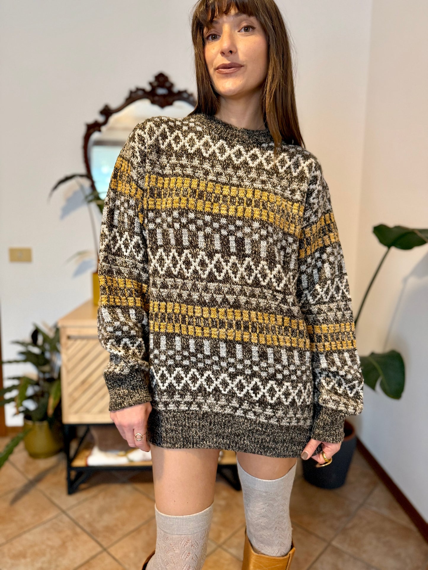 1970's vintage chocolate brown and mustard yellow geometric knit wool pullover