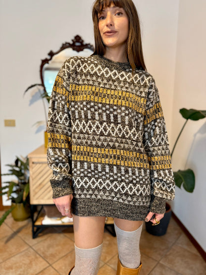 1970's vintage chocolate brown and mustard yellow geometric knit wool pullover