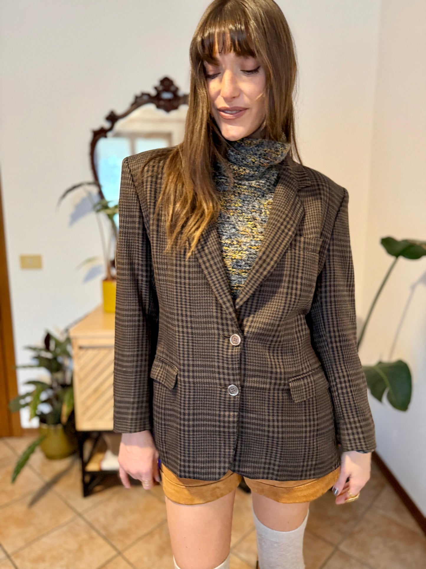 1990's vintage cashmere, wool and silk blend chocolate brown and blue blazer