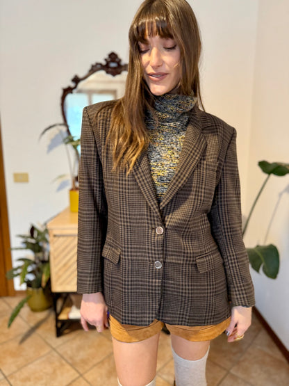 1990's vintage cashmere, wool and silk blend chocolate brown and blue blazer