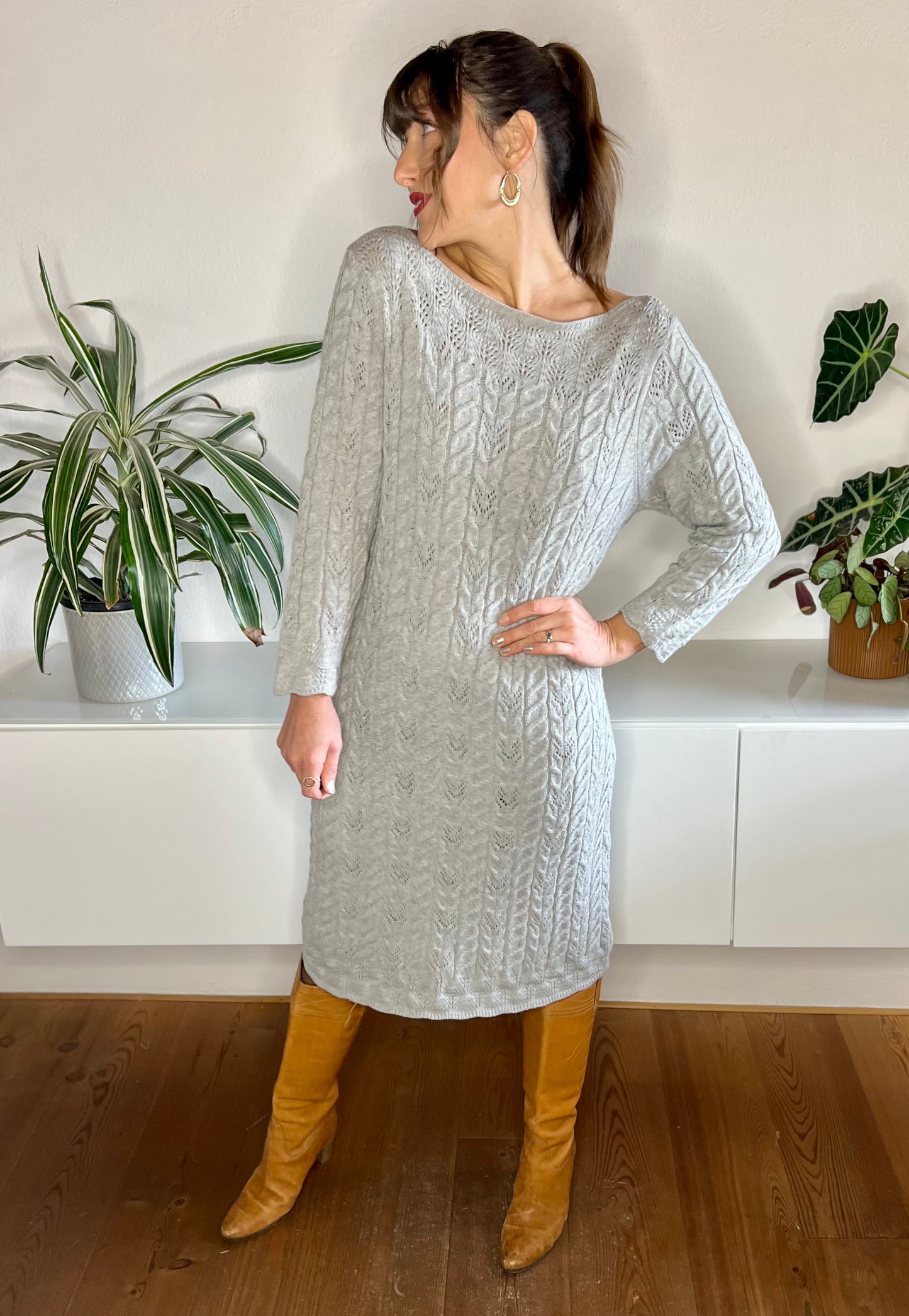 1990's vintage grey wool cable knit midi dress