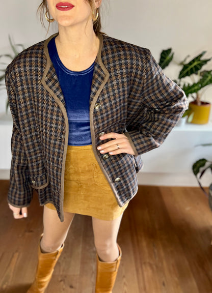 1970's vintage brown and blue oversize plaid wool blazer