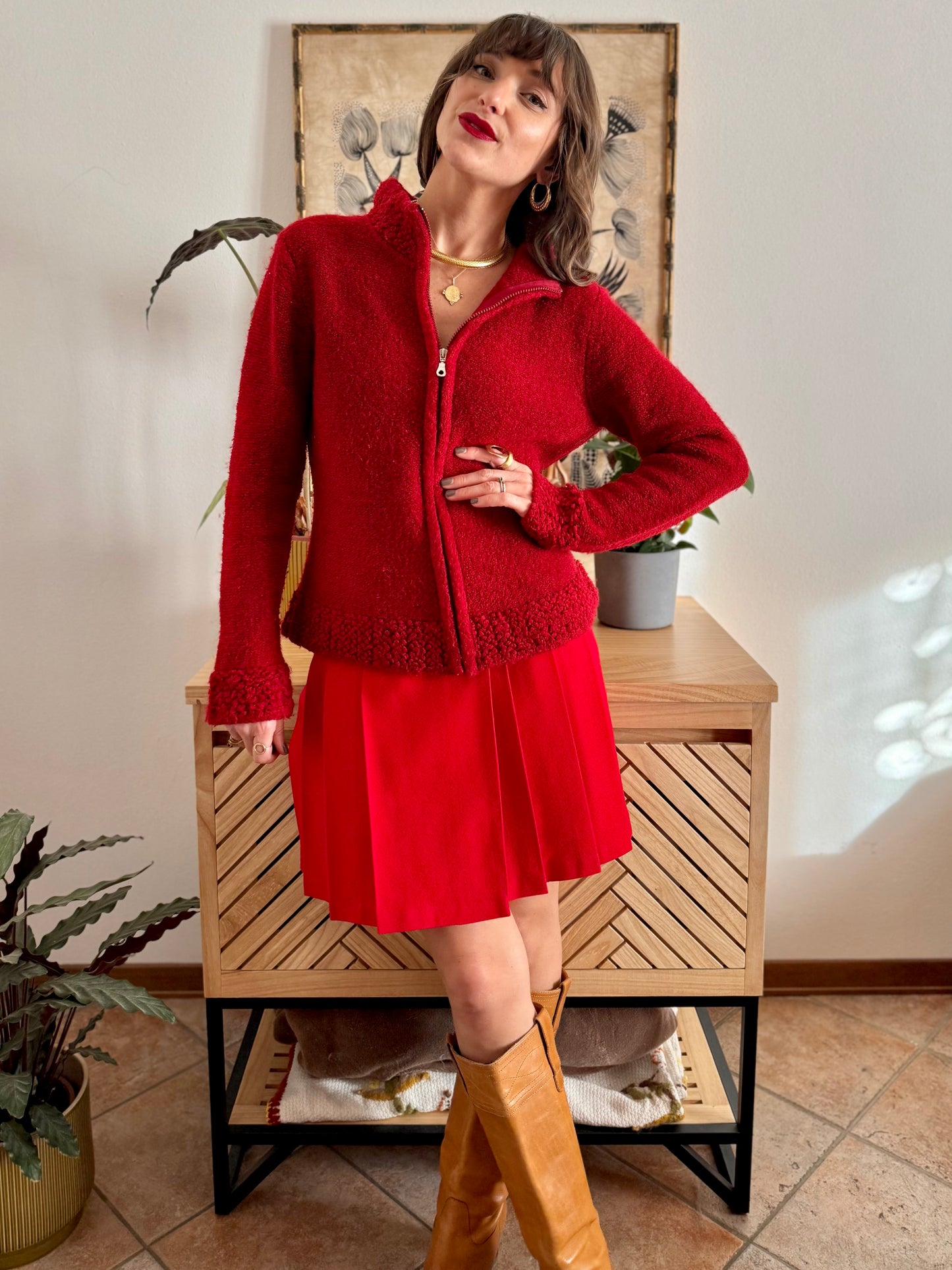 1990’s vintage textured cherry red knit zip up cardigan