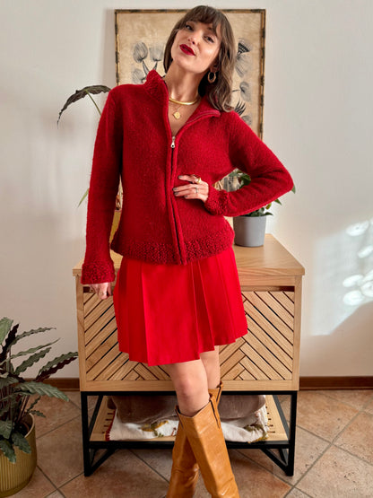 1990’s vintage textured cherry red knit zip up cardigan