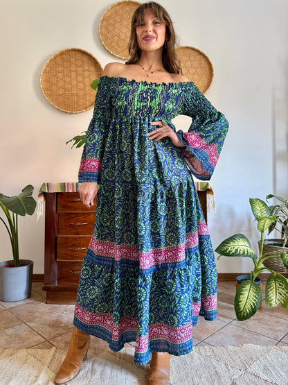1970’s vintage green, blue and pink silk floral prairie maxi dress with bell sleeves