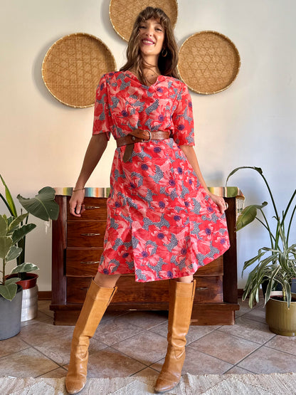 1960’s vintage punk and purple floral print midi dress with cowl neck