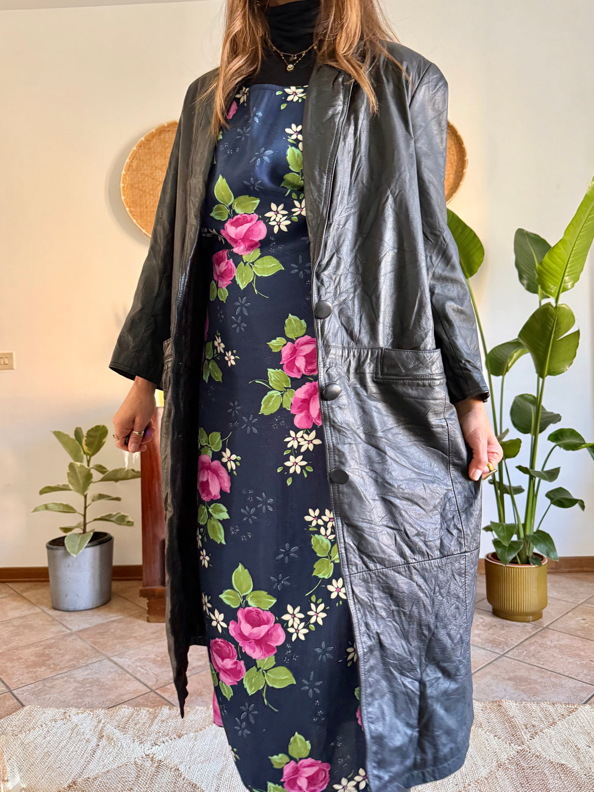 1990’s vintage butter soft black leather trench coat with lapel detail