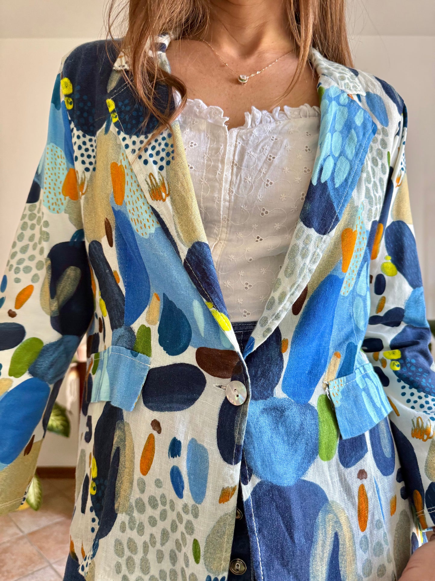 1990’s vintage blue, green and orange abstract print linen jacket