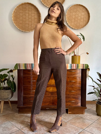 1970's vintage chocolate brown floral print tailored trousers