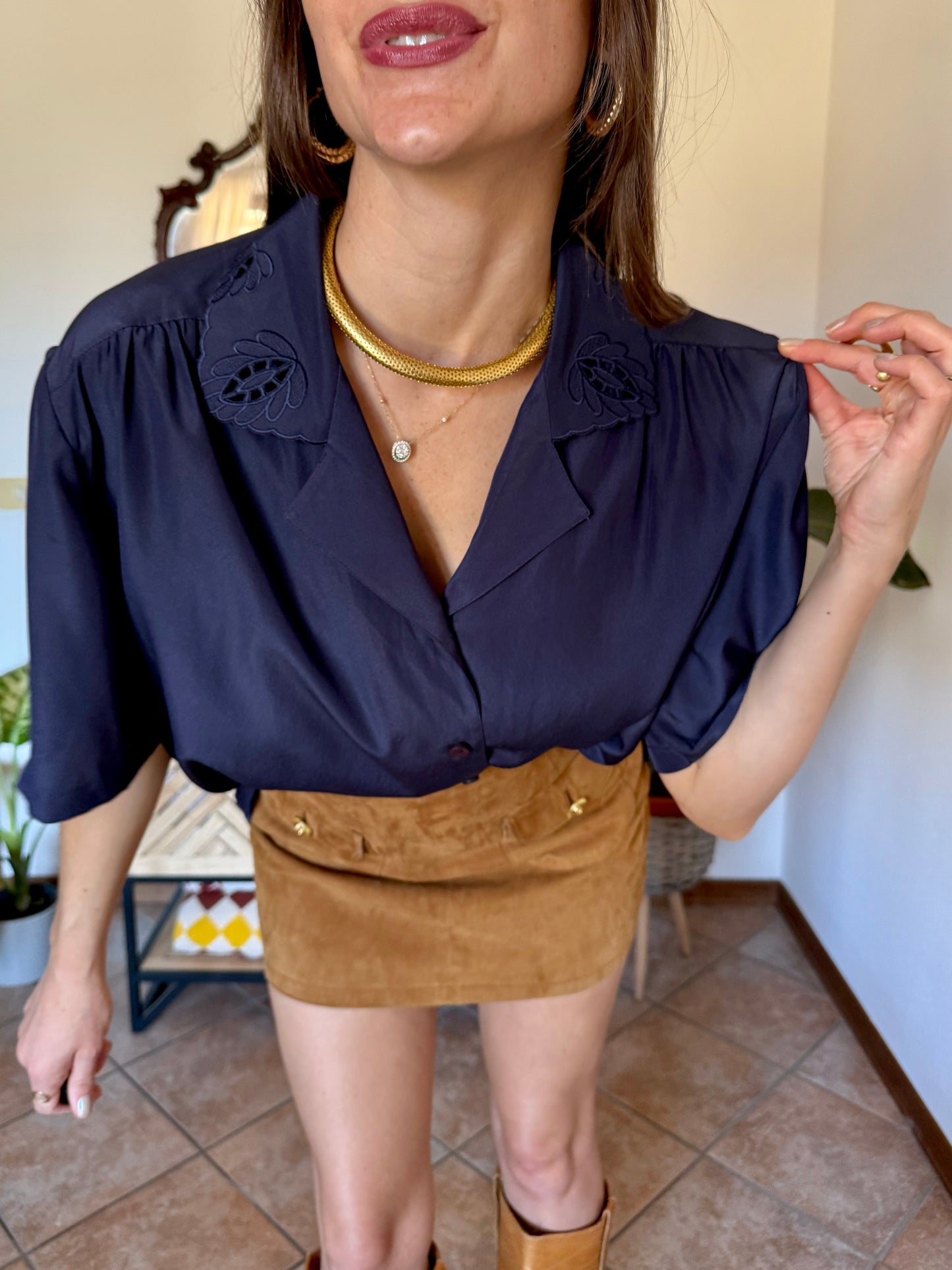 1970’s vintage navy blue blouse with floral embroidered collar