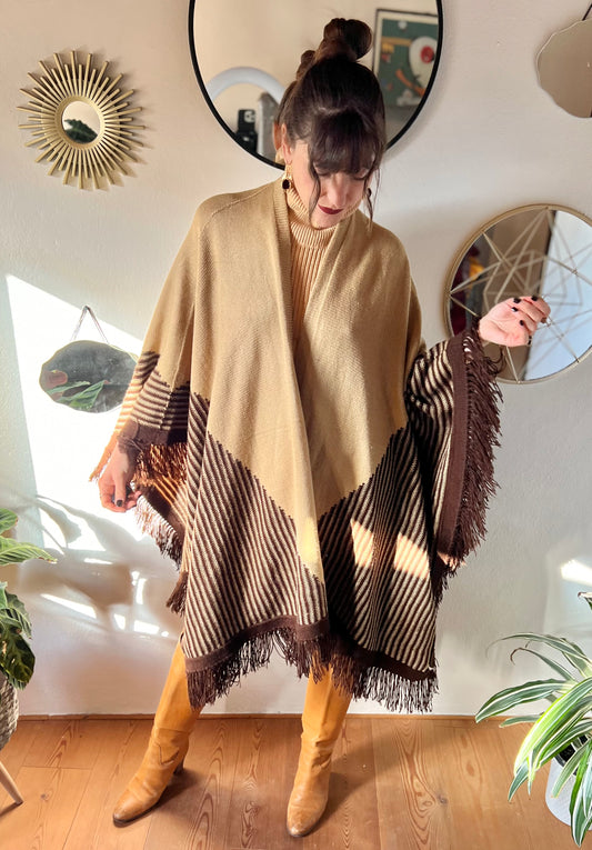 1970's vintage hand knit tan and chocolate brown geometric knit poncho with fringe detail