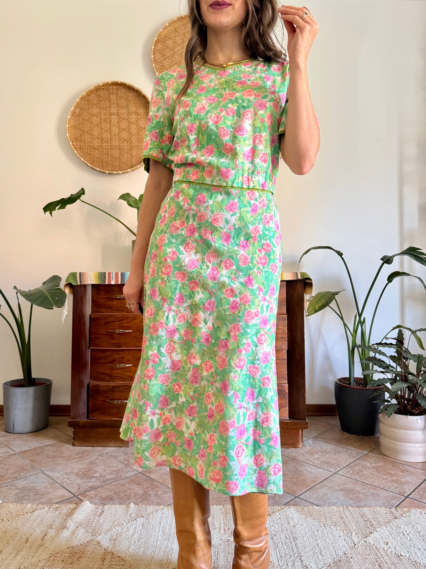 1960’s vintage semi sheer green, pink and white textured floral print midi dress